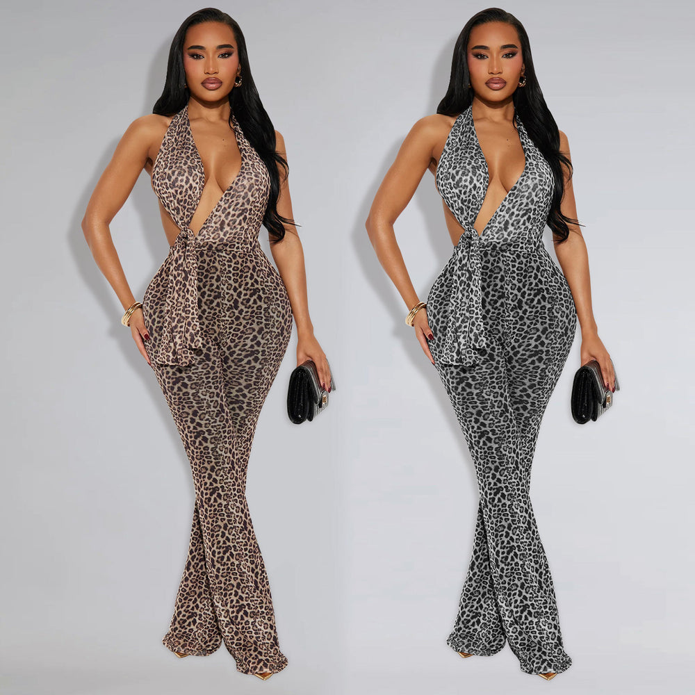 C7495 cross-border   fashion women's sexy leopard print halter neck sleeveless jumpsuit