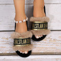 European station 2024 fall/winter new collection: printed letter fuzzy slippers - women's outdoor/indoor warm one-strap cotton slippers, trendy style