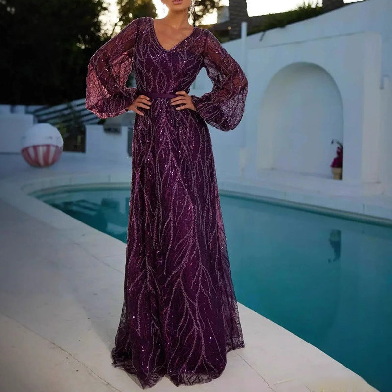 2025 cross-border fashion sequin dress - minimalist v-neck tassel beaded tie-up maxi party dress