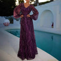 2025 cross-border fashion sequin dress - minimalist v-neck tassel beaded tie-up maxi party dress