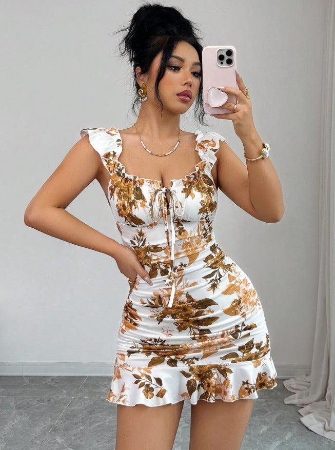 european and american new arrival: printed ruffle-trimmed women's dress
