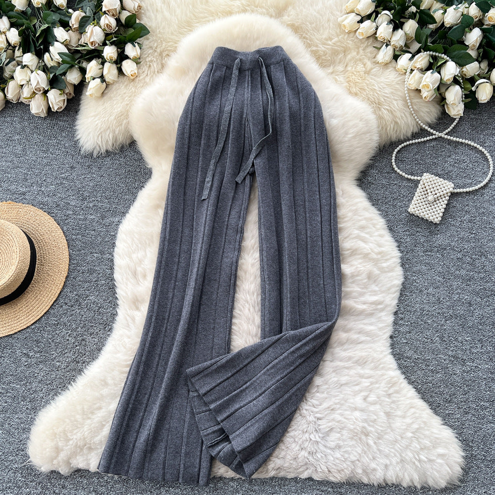 Lazy casualeasiest for matchknittingloose pants for women 2025fall and winterlooseslimming look elastic waist vertical pattern sweaterstraight-leg pants