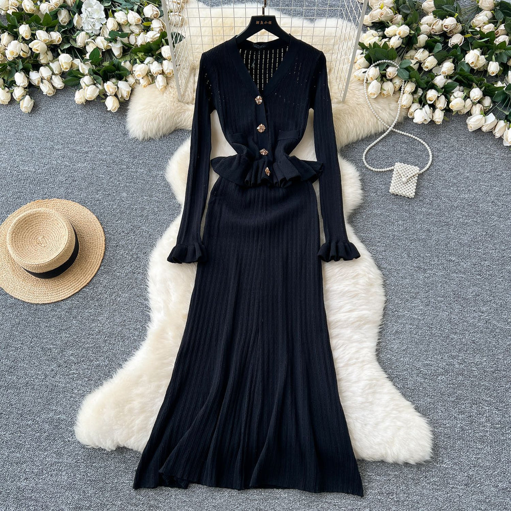 Luxury chic women's dress - autumn  collection: slim-fit knit maxi dress with metallic buckle detail, inspired by chanel