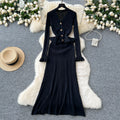 Luxury chic women's dress - autumn  collection: slim-fit knit maxi dress with metallic buckle detail, inspired by chanel