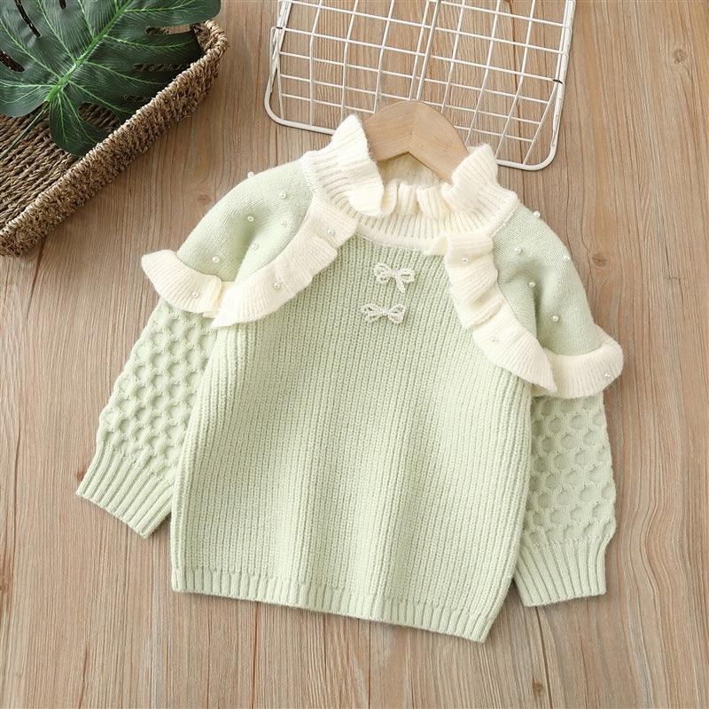 Girlsweater round neck knitting bottom shirt new arrival lace fleece-linedthickened children's clothing fleece-linedheattechtops