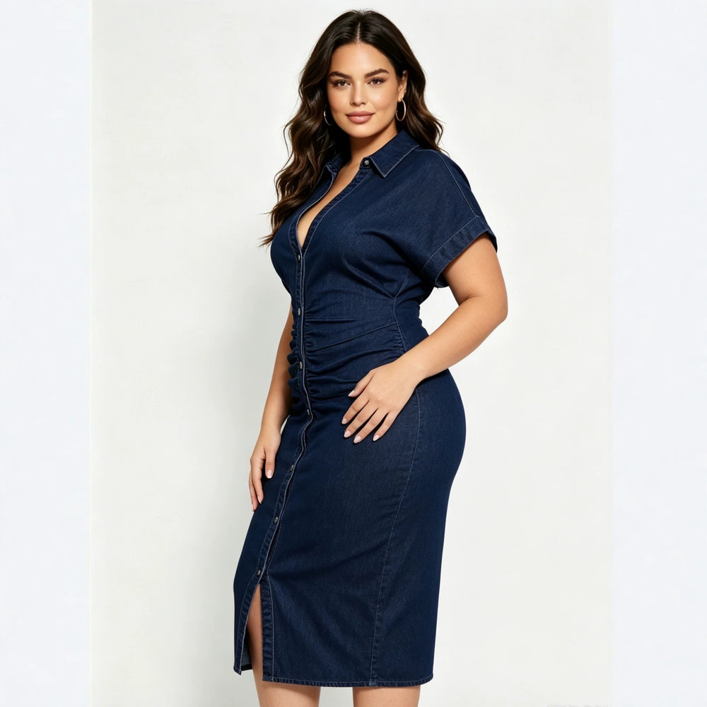 Amazon cross-border fashion: new european and american summer short-sleeve denim button-down dress for women, plus size available