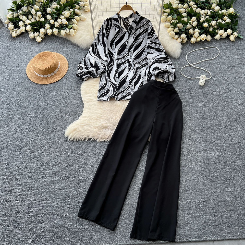 European and american niche style lantern sleeve printed blouse and high-waisted wide-leg casual pants two-piece set - autumn collection