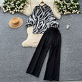 European and american niche style lantern sleeve printed blouse and high-waisted wide-leg casual pants two-piece set - autumn collection