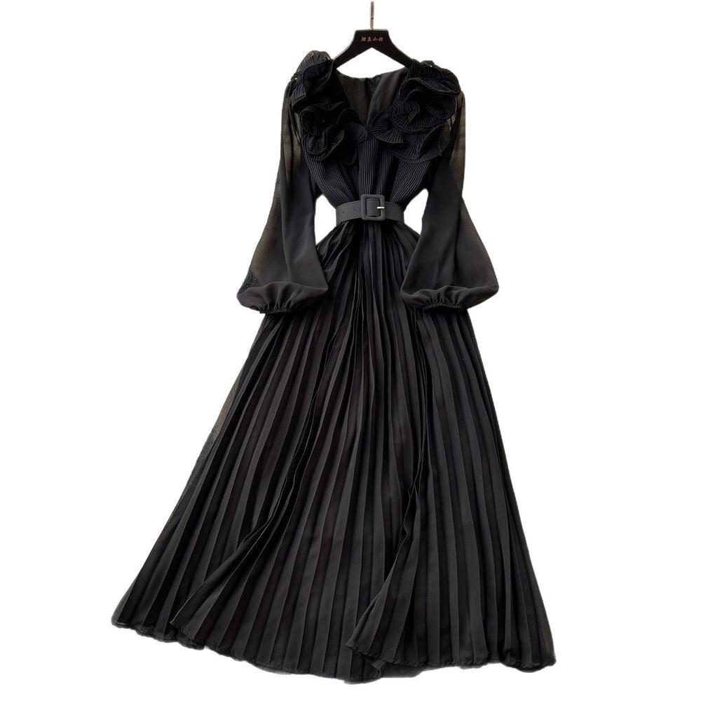 Frenchretrostereo flower lantern sleeve waist pleateddress women 2025new arrivalslimming lookelegant long skirt