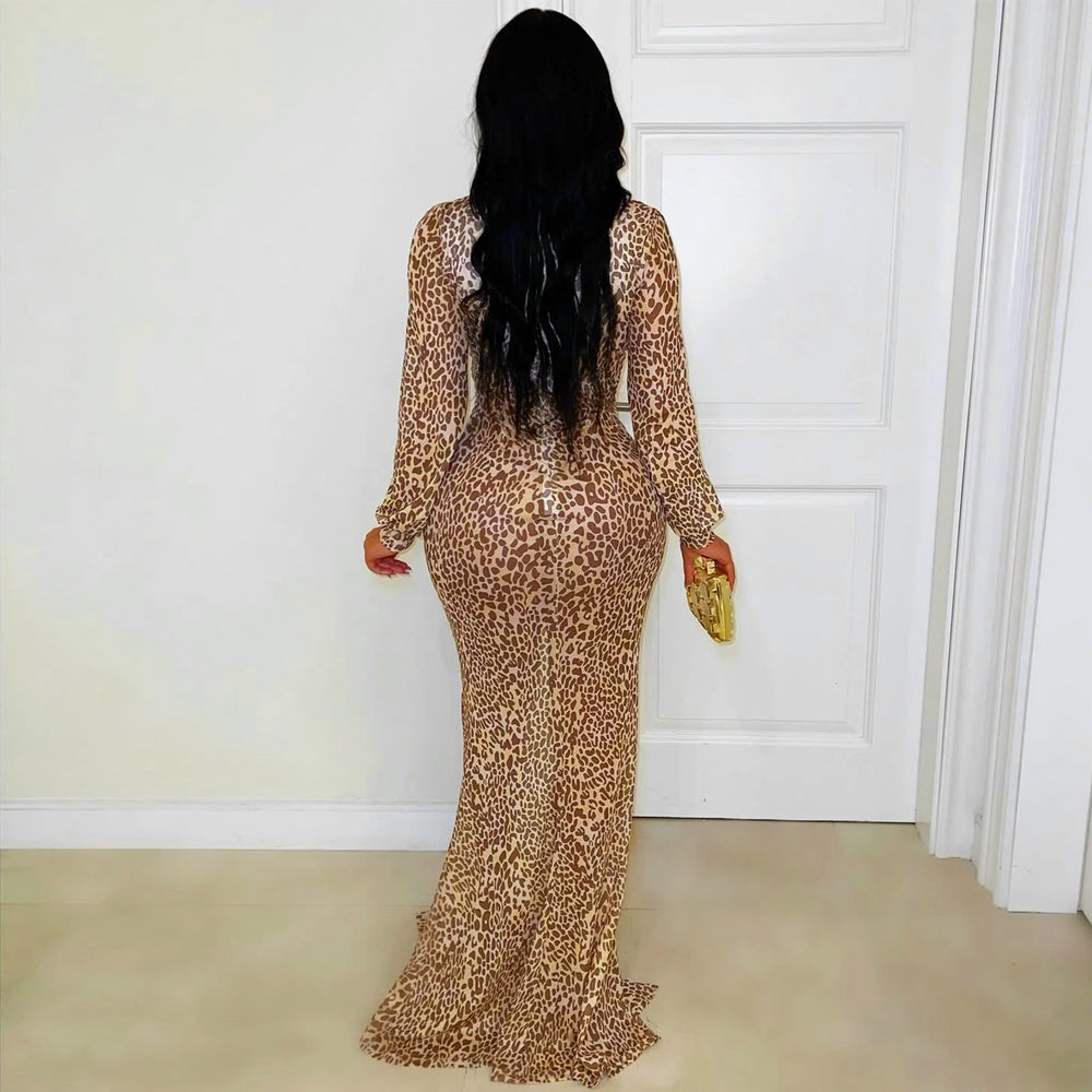 C7571 cross-border   fashion women's sexy deep v leopard print slit sleeveless dress new