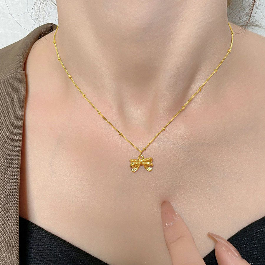 Fresh and sweet "runaway princess" bowknot 18k gold-plated titanium steel necklace - women's luxury design clavicle chain wholesale