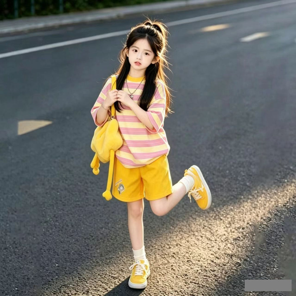 girls' dopamine dress set: trendy summer two-piece outfit - short sleeve top & shorts