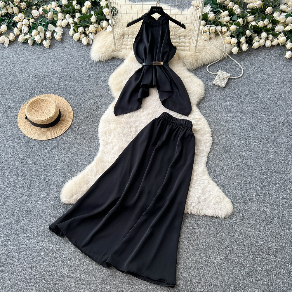 Gentle style work clothinghalterbacklessdress women's summercasualcasual waist slimming looktwo-piece setelegantsuit