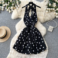 French sweet polka dot halter dress women's summer korean style v-neck backless tie-waist slimming mini dress