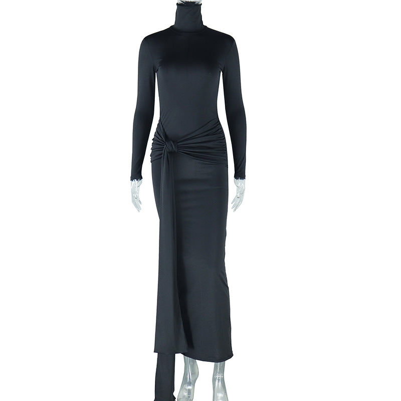 European and american style ins foreign trade women's solid color round neck long sleeve dress - mid-waist tie belt flowy elegant dress