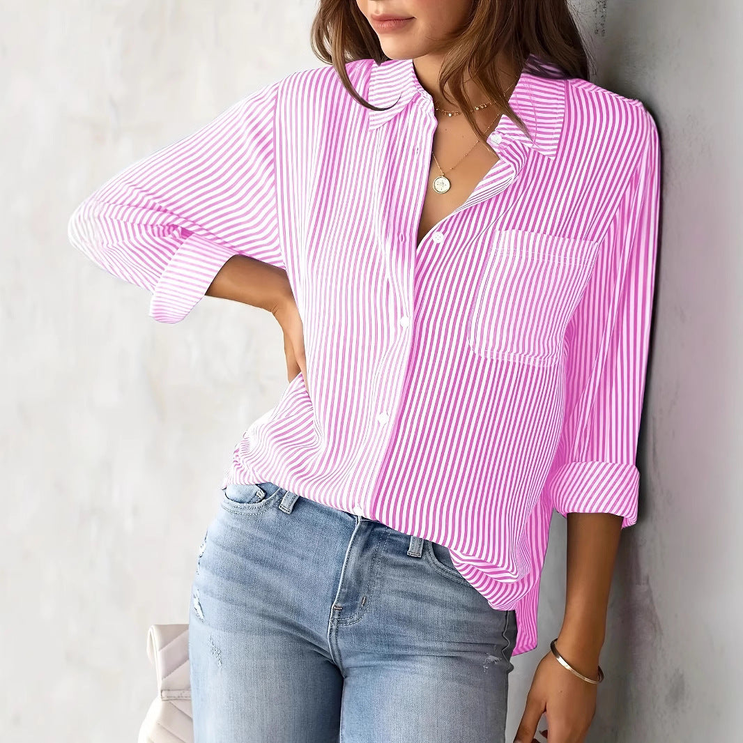 European and American  women's clothing 2025 spring new  striped cardigan top loose casual long-sleeved shirt women