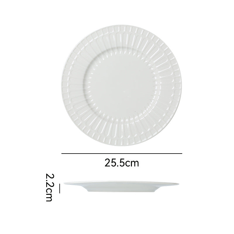 Pure white embossed dinnerware ceramic plate - nordic/american style flat plate, soup plate, fruit plate, hotel & restaurant minimalist style steak plate
