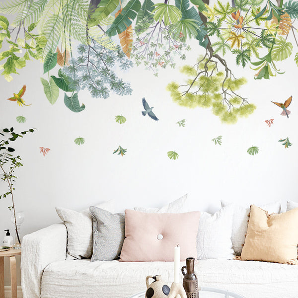 Green plant top corner line wall decoration sticker sofa background wall decoration wall sticker Nordic bird wall sticker Sichuan cypress