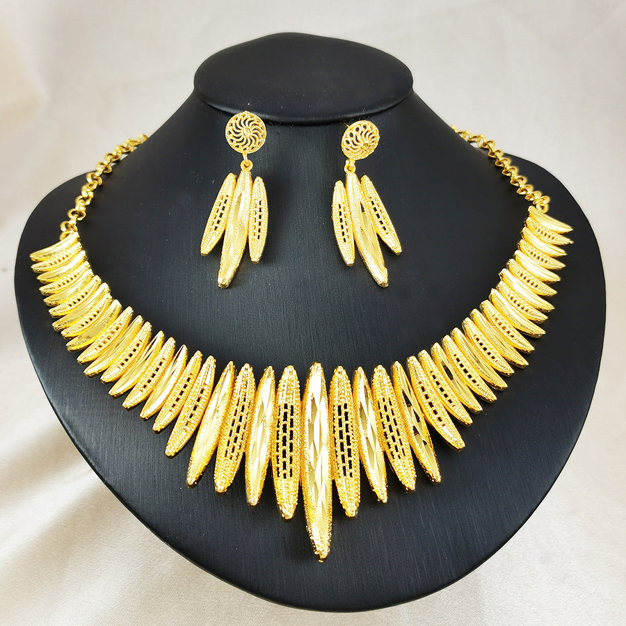 18k gold plated statement leaf jewelry set - dubai style openwork necklace, earrings, bracelet, and ring four-piece set - cross-border e-commerce