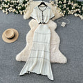 Korean style age-reducing set: women's gentle style hollow-out crochet round neck cropped knit top + high-waisted bodycon midi skirt