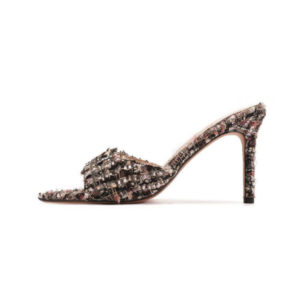 Wo huizhou 2026 new arrival high heels fashion tweed style pointed toe stiletto open toe woolen dark brown woolen black