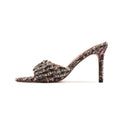 Wo huizhou 2026 new arrival high heels fashion tweed style pointed toe stiletto open toe woolen dark brown woolen black