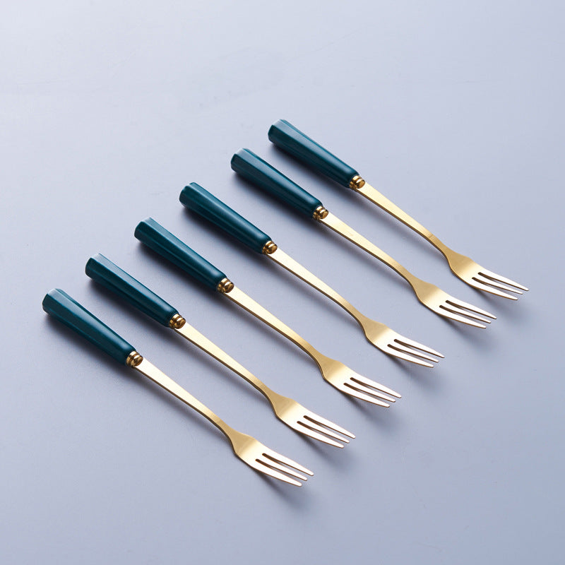Gold-trimmed striped ceramic fruit fork storage jar - stylish stainless steel fruit forks, a great home essential, spoon and fork set