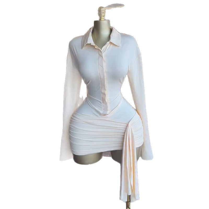 European and american women's clothing  new sweet and fresh turn-down collar single-breasted long sleeve high-waisted slimming bodycon mini dress