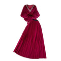 Noble socialite work clothing style red two-piece set female autum silmpleated skirt cloak waist suitelegance