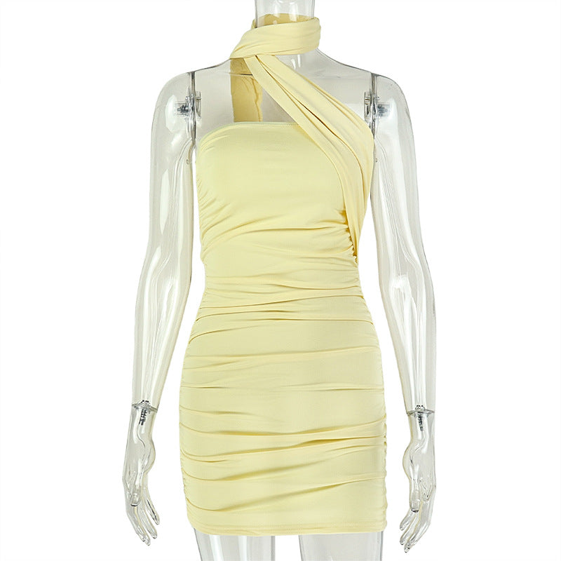 European and american style slim-fit women's daily wear halter neck bodycon dress - elegant, ruched, bandeau, fashionable solid color tie-up dress