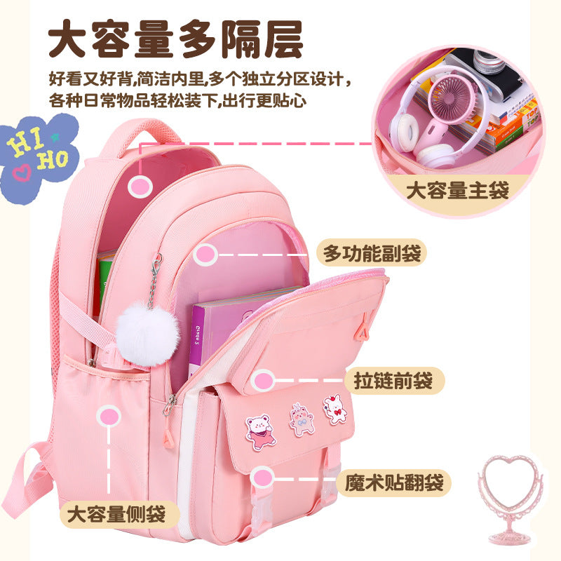 New arrival primary and secondary school students backpack large capacity burden reduction spine protection student school bag small stuffed pendant and pin storage