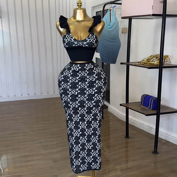 European and American  women's clothing 2025 summer new temperament printed suspender vest high waist hip skirt set