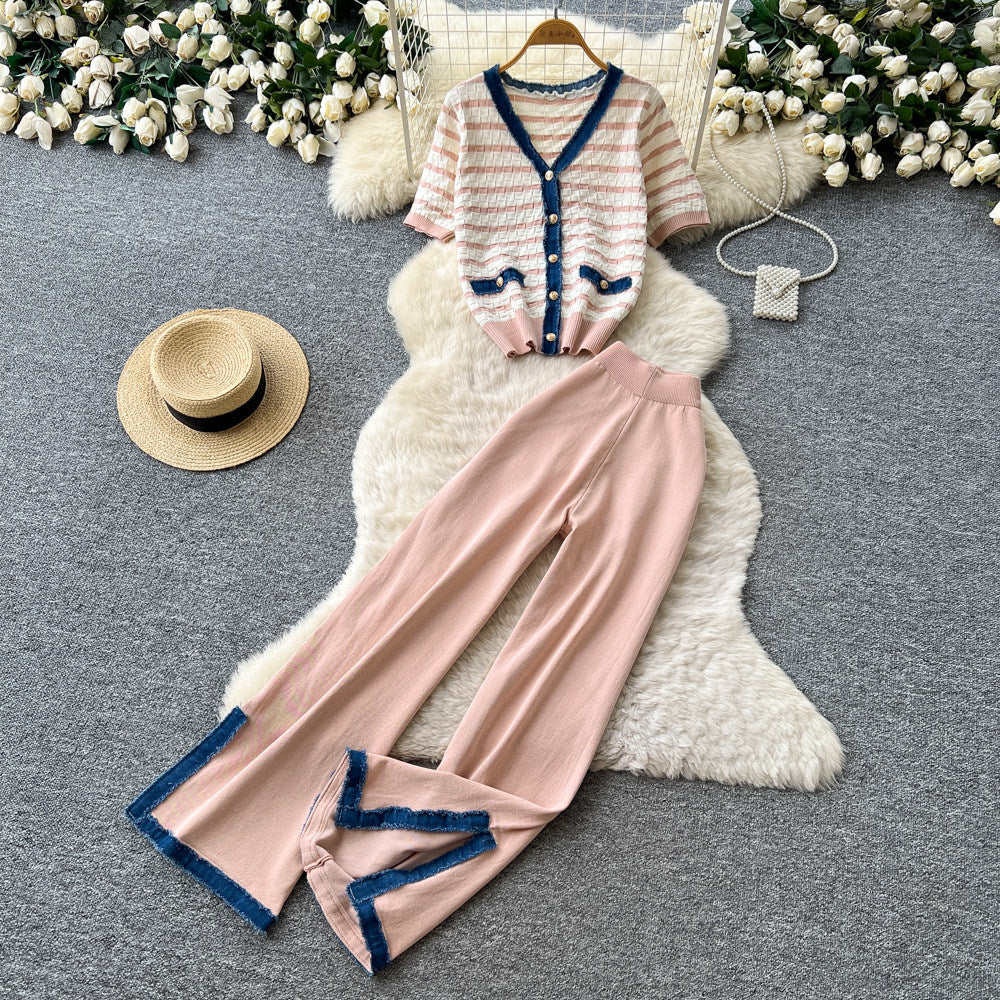 Light mature style stripesknittingcardiganloose pantstwo-piece setfemalesummer silmslimming lookfashionelegantsuit