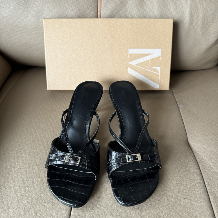 Spanish 2025 summer new arrivals: buckled, embellished, round-toe stiletto sandals - vintage black buckle thong sandals