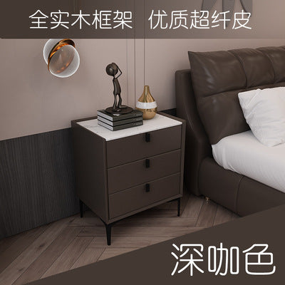 Ready-to-ship, modern, minimalist faux leather bedside table with three drawers, italian-style high-end, popular bedroom solid wood nightstand