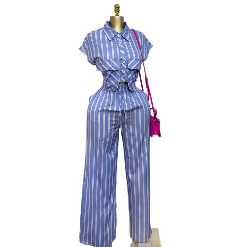 European and american cross-border women's fashion:  autumn new collection - stylish turn-down collar striped short-sleeve shirt and wide-leg pants casual set