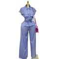 European and american cross-border women's fashion:  autumn new collection - stylish turn-down collar striped short-sleeve shirt and wide-leg pants casual set