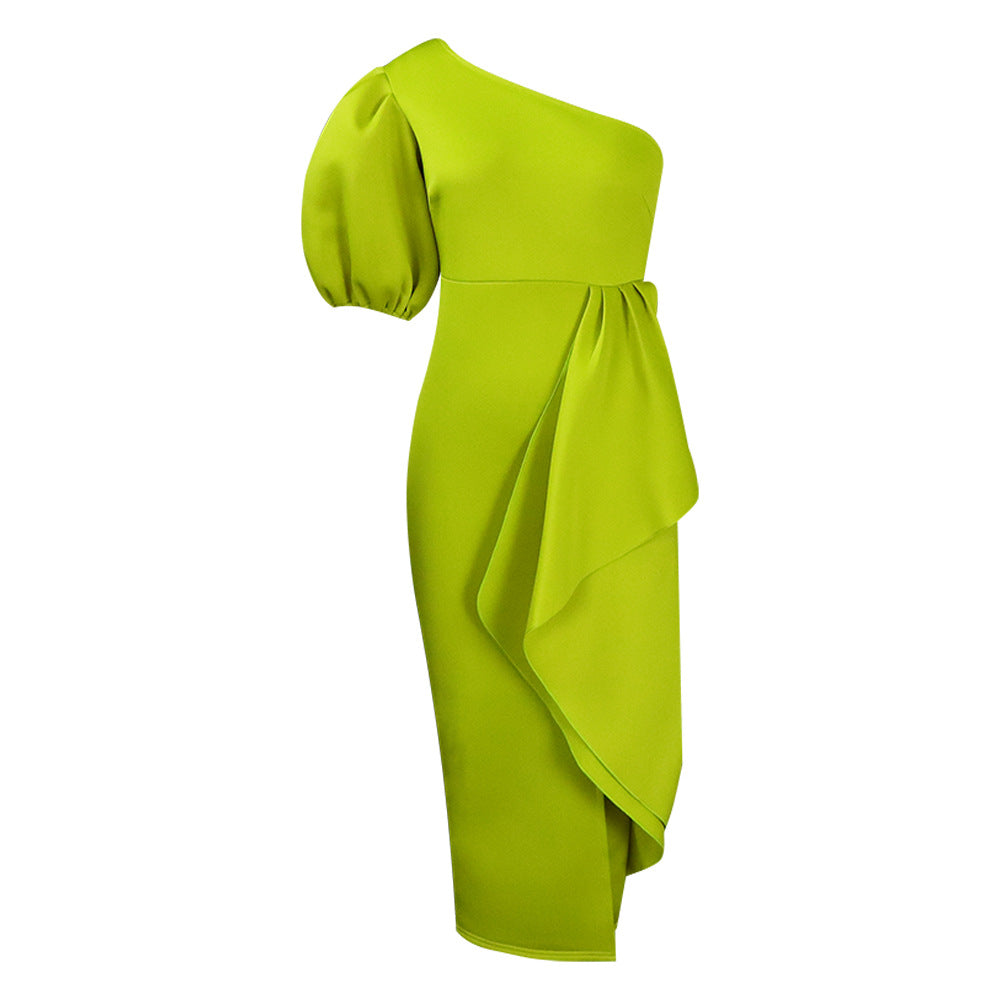 European and american women's clothing  summer new arrivals: ol style elegant waist-cinching puff sleeve one-shoulder banquet slit dress, european and american style dress