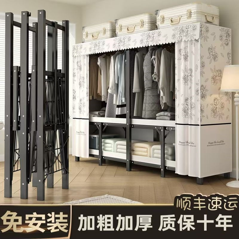 Foldable wardrobe - no assembly required, easy home use, bedroom steel frame, reinforced steel pipes, thickened, durable clothes rack for rental properties