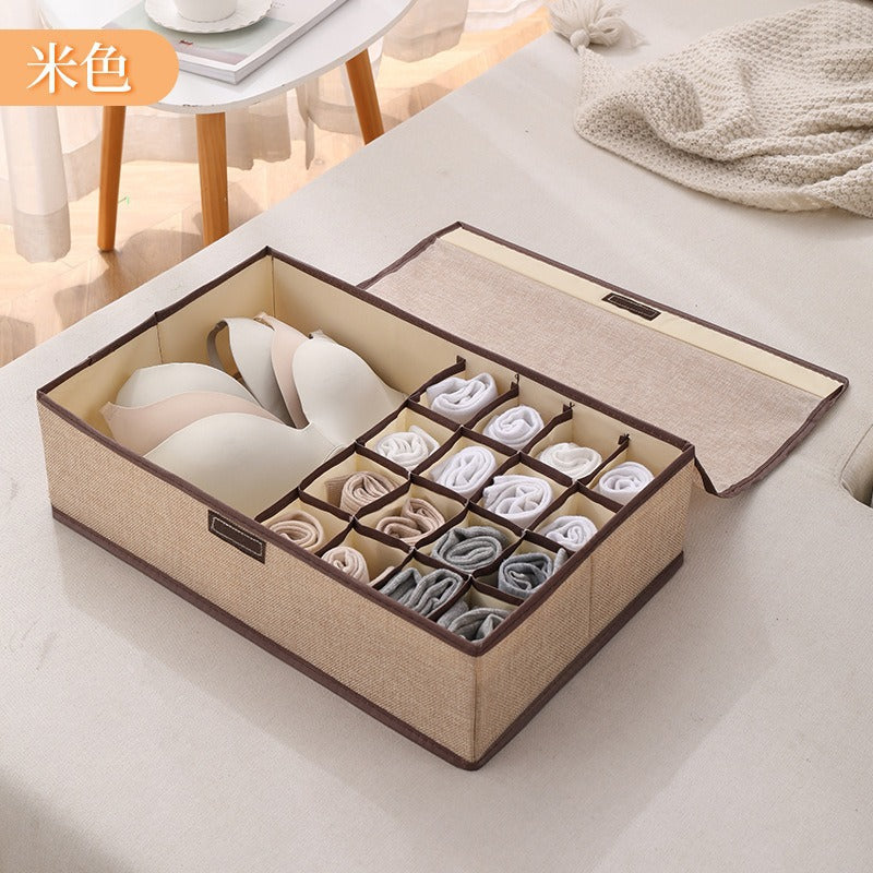 Home cotton and linen underwear storage box sub-format underwear finishing box desktop cosmetics sub-grid covered storage box