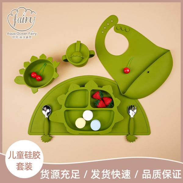 Factory custom logo baby silicone dinosaur bowl tableware set children's complementary food bowl fork spoon bib tableware set