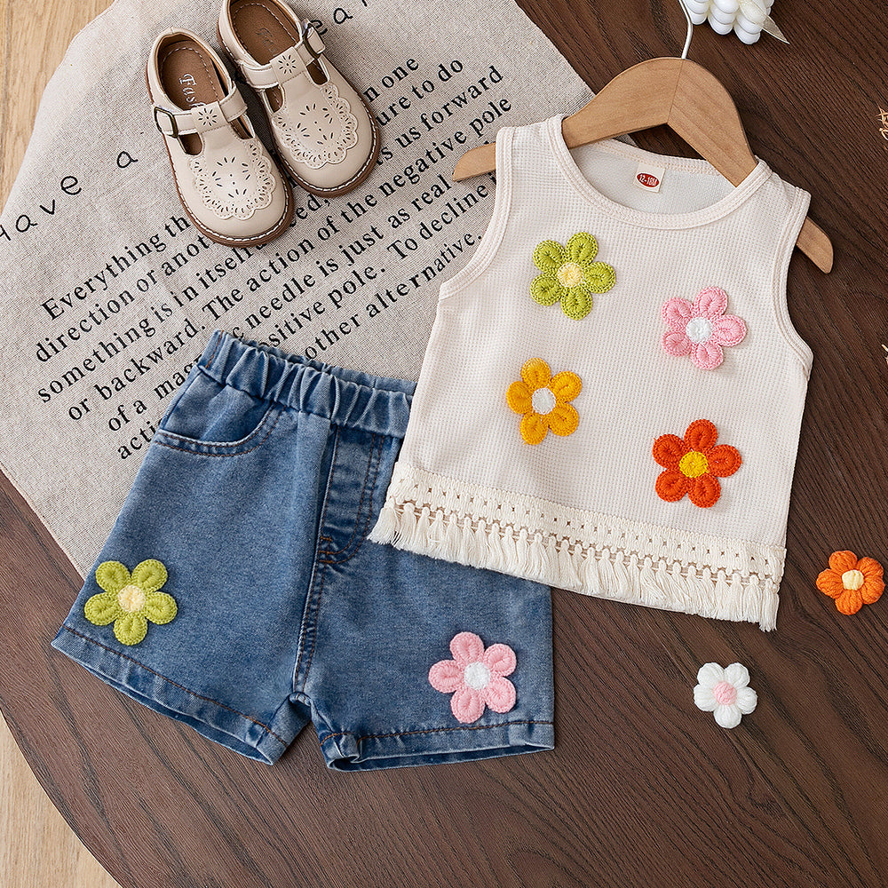 cross-border e-commerce girls' cute tank top print + denim shorts autumn outfit