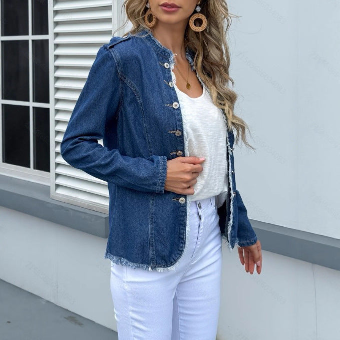 PD08571 European and American   women's denim blazer single-breasted stand-up collar jacket women's solid color
