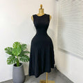 French sleeveless knittingdress women's water ripple hip cover long skirt summer slant neck ice silk asymmetrical a-line skirt
