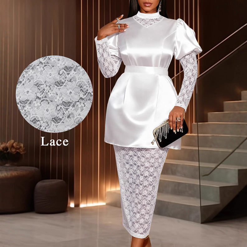 satinlacepatchwork high collar puff sleeve dress tie back waist slimming look party evening dress dress
