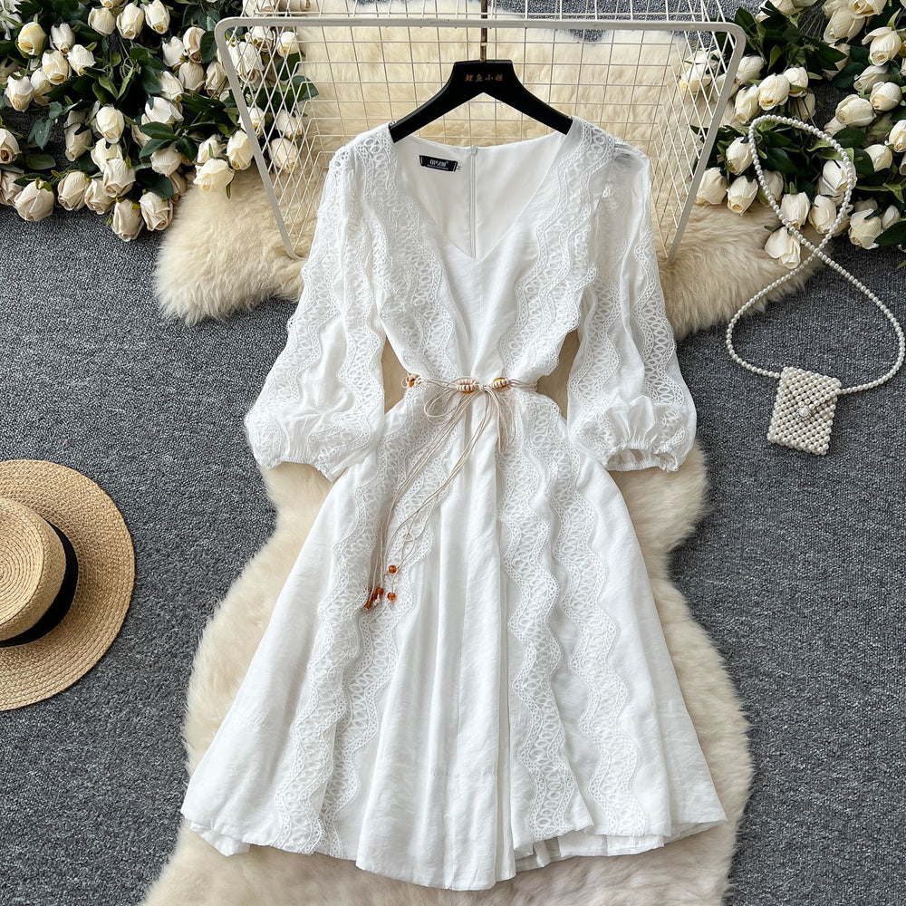 Frenchretrocut outlacepatchwork lantern sleeve slimming lookdress women's waist elegantv neckelegance midi skirt
