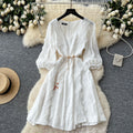 Frenchretrocut outlacepatchwork lantern sleeve slimming lookdress women's waist elegantv neckelegance midi skirt