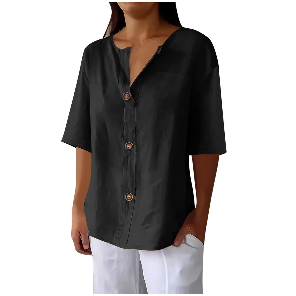 cross-border fashion summer new loose t-shirt women's v neck cotton and linen button tops