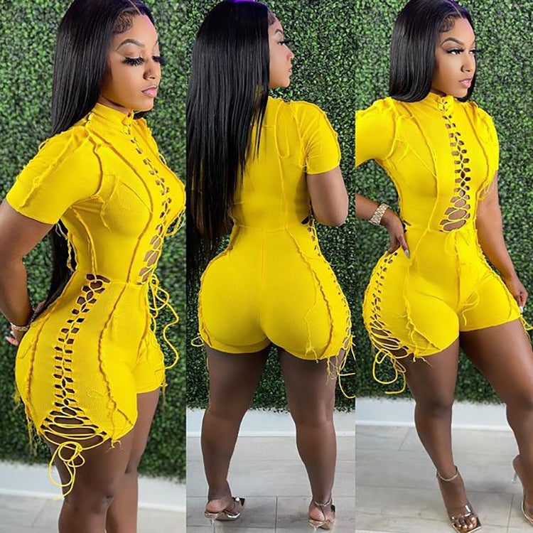 summer hot seller:  foreign trade women's fashion - european and american sexy solid color tie-up short sleeve jumpsuit