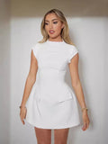 Amazon fashion cross-border women's summernew arrivalpure color round neck tight fake flap pocket pants design waist dress